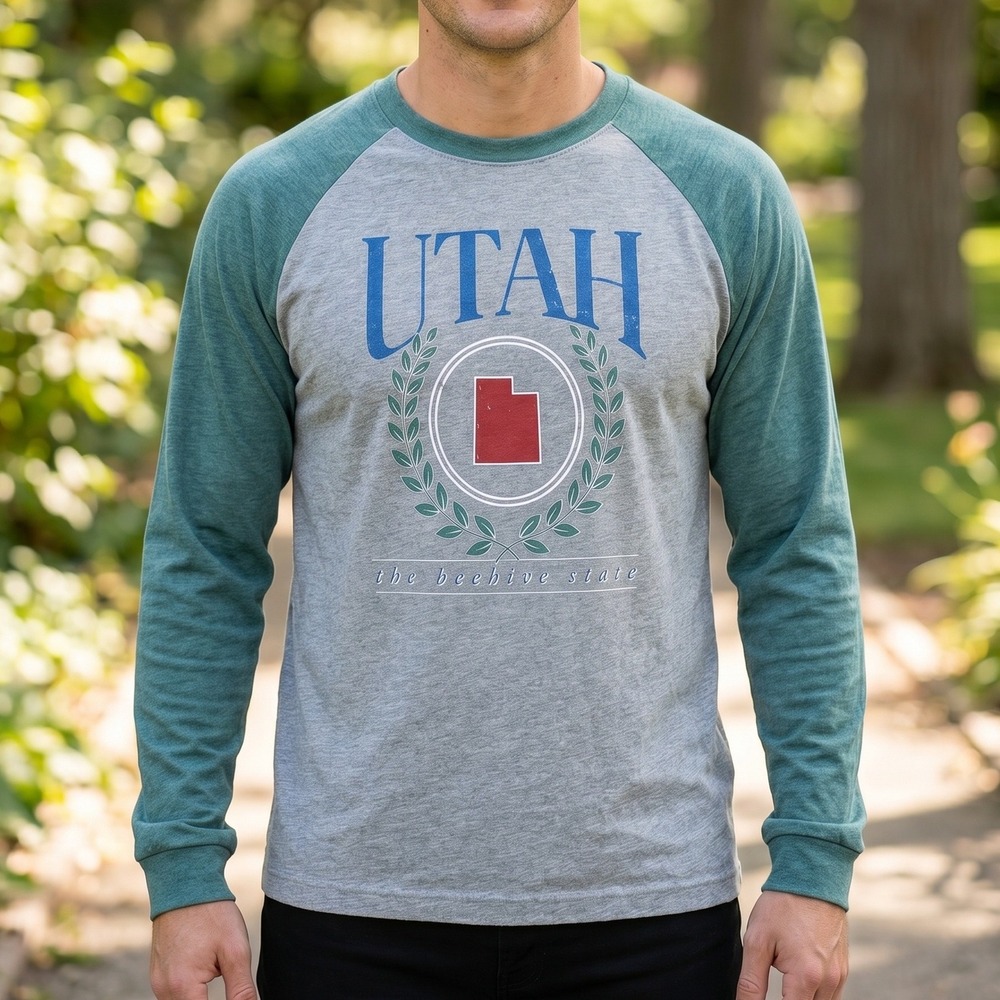 Home State Apparel Utah The Beehive‎ State Raglan Long Sleeve Shirt Gray Green